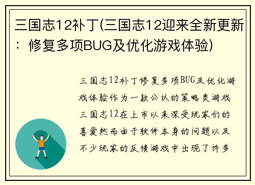 三国志12补丁(三国志12迎来全新更新：修复多项BUG及优化游戏体验)